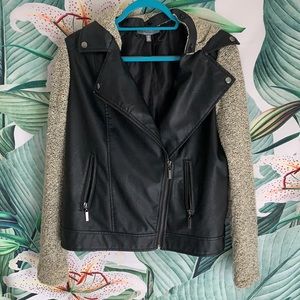 Leather Jacket with sweater details removable hood